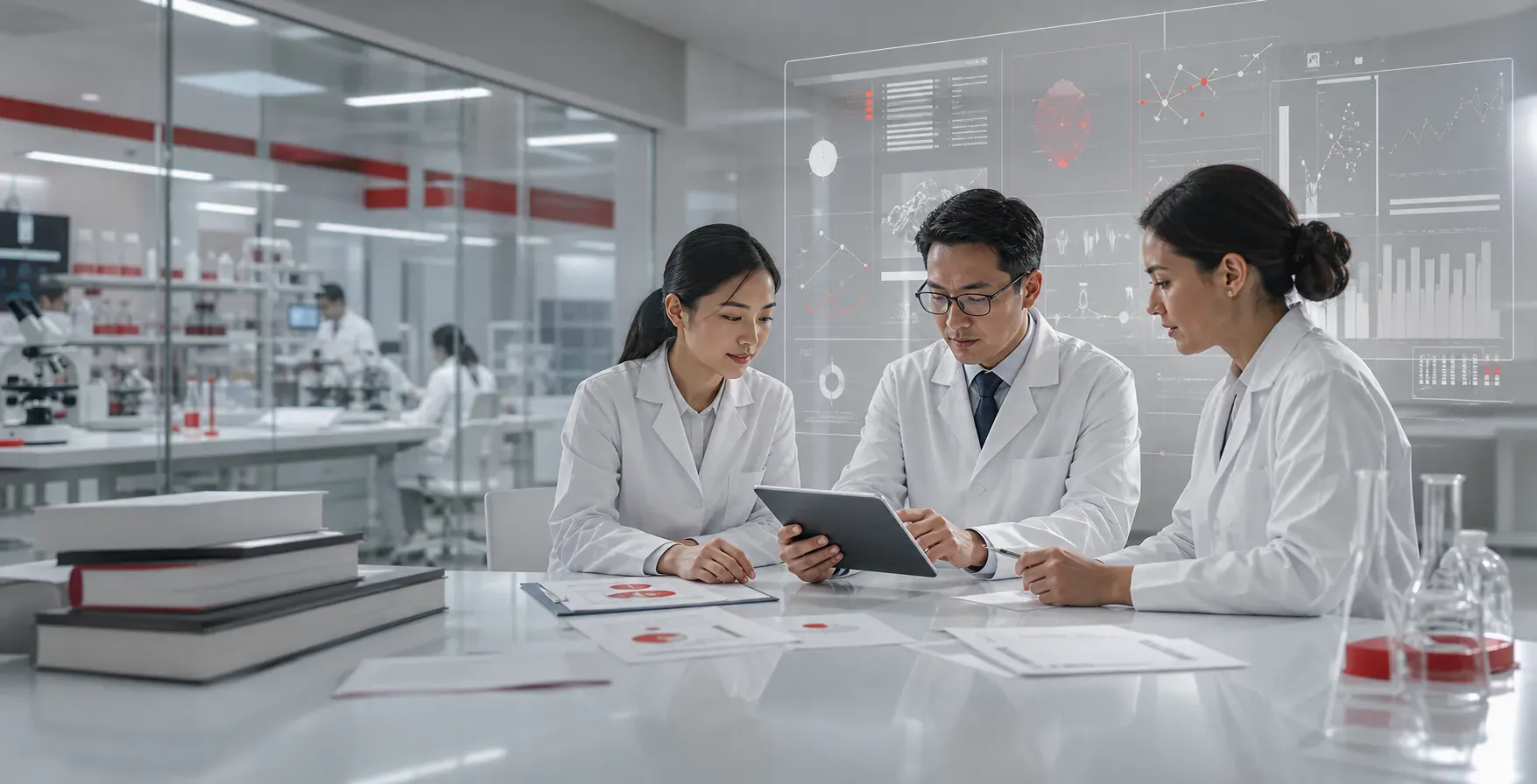 Healthcare professionals reviewing scientific content in a modern Meiji laboratory