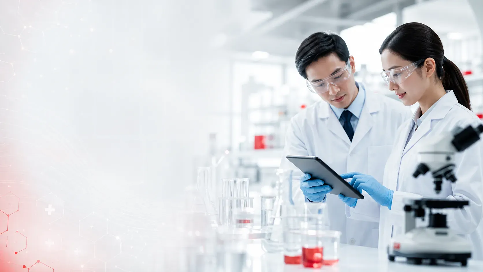 Healthcare professionals using a digital scientific learning platform in a laboratory